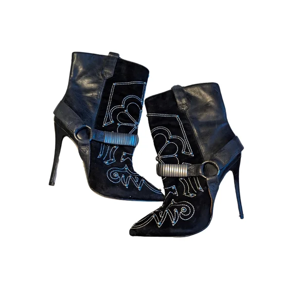 Buffalo London Womens Black Leather Suede Biker Ankle Stiletto Boots Sz 6.5/37 - Picture 6 of 9